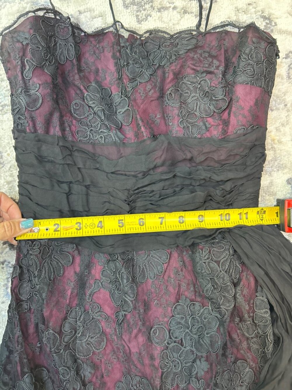 Vtg 50s Black Lace Overlay Burgundy Mini Dress Lace Whimsigoth Dark Romantic - Picture 11 of 16